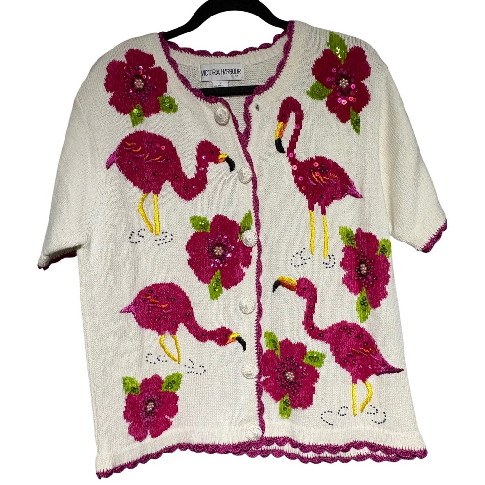 Victoria Harbour Cardigan Women Large Flamingo Pink Floral Sequin Ivory 90s